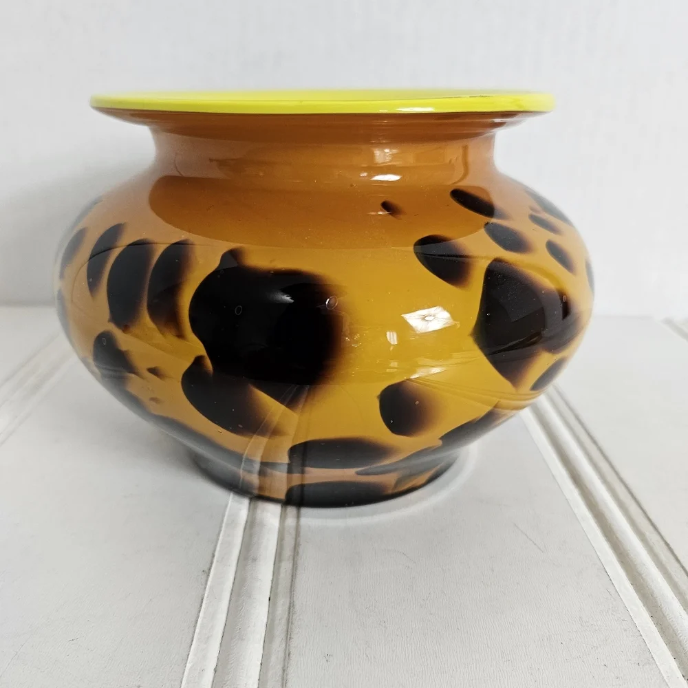 Hand Blown Art Glass Amber Leopard Tortoise Shell Vase Yellow Interior Decor - Picture 5 of 12